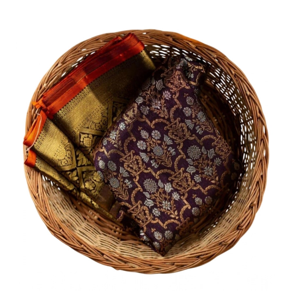 Generic Women's Soft Litchi Silk Jacquard Work Saree With Unstitched Blouse 5.5Mtr (Purple)