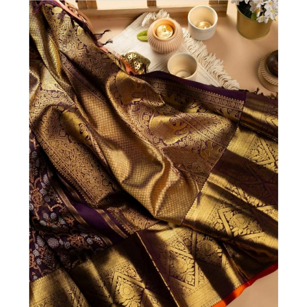 Generic Women's Soft Litchi Silk Jacquard Work Saree With Unstitched Blouse 5.5Mtr (Purple)