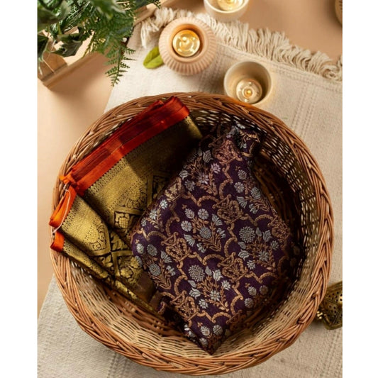 Generic Women's Soft Litchi Silk Jacquard Work Saree With Unstitched Blouse 5.5Mtr (Purple)