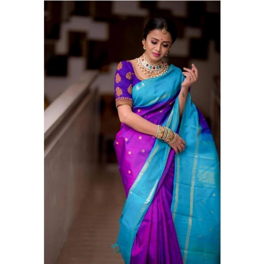 Generic Women's Soft Litchi Silk Jacquard Work Saree With Unstitched Blouse 5.5Mtr (Purple)