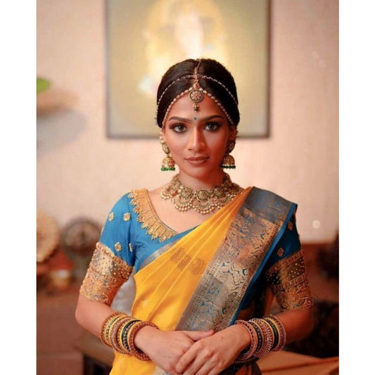 Generic Women's Soft Litchi Silk Jacquard Work Saree With Unstitched Blouse 5.5Mtr (Yellow)