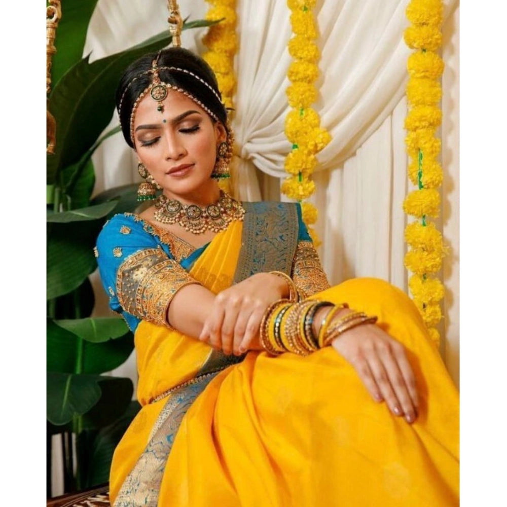 Generic Women's Soft Litchi Silk Jacquard Work Saree With Unstitched Blouse 5.5Mtr (Yellow)