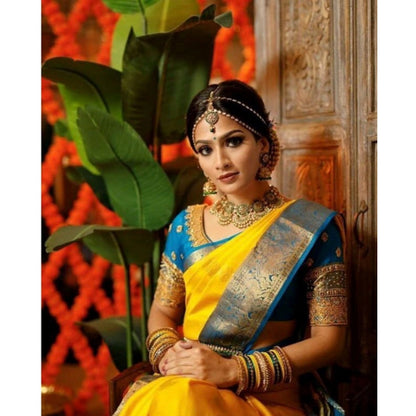 Generic Women's Soft Litchi Silk Jacquard Work Saree With Unstitched Blouse 5.5Mtr (Yellow)