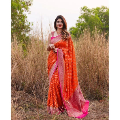 Generic Women's Soft Litchi Silk Jacquard Work Saree With Unstitched Blouse 5.5Mtr (Orange)