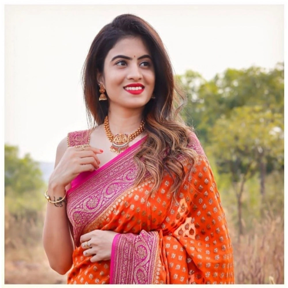 Generic Women's Soft Litchi Silk Jacquard Work Saree With Unstitched Blouse 5.5Mtr (Orange)