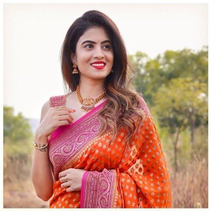 Generic Women's Soft Litchi Silk Jacquard Work Saree With Unstitched Blouse 5.5Mtr (Orange)