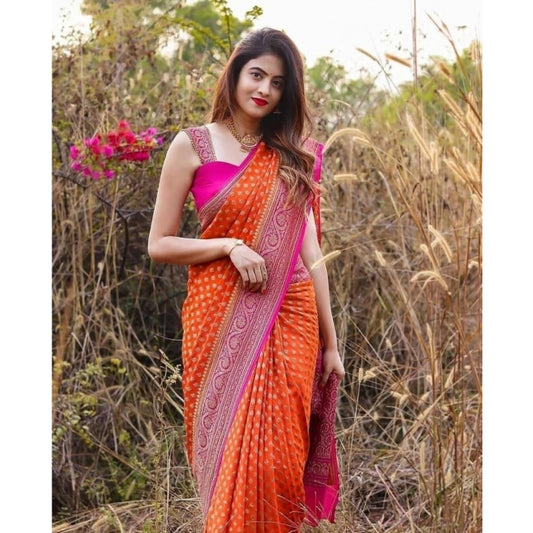 Generic Women's Soft Litchi Silk Jacquard Work Saree With Unstitched Blouse 5.5Mtr (Orange)
