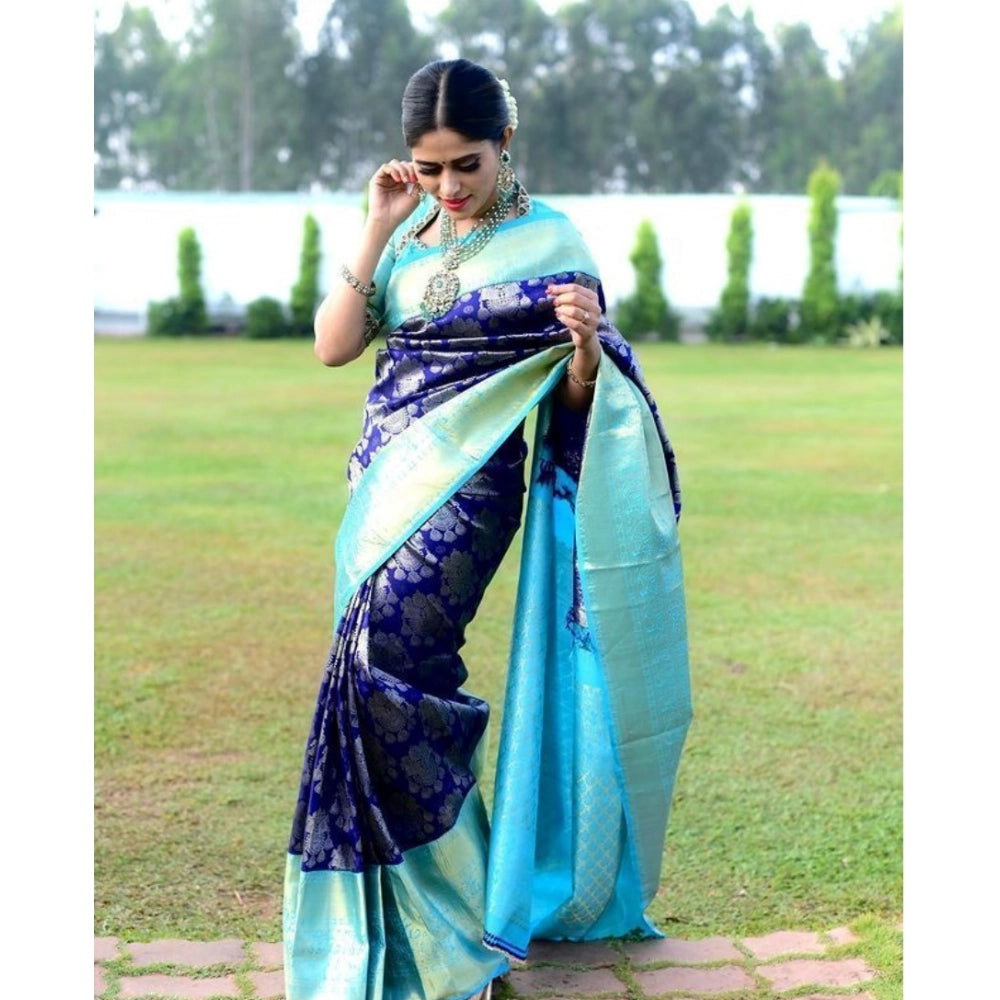 Generic Women's Soft Litchi Silk Jacquard Work Saree With Unstitched Blouse 5.5Mtr (Blue)