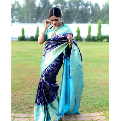 Generic Women's Soft Litchi Silk Jacquard Work Saree With Unstitched Blouse 5.5Mtr (Blue)