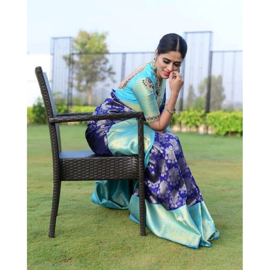 Generic Women's Soft Litchi Silk Jacquard Work Saree With Unstitched Blouse 5.5Mtr (Blue)
