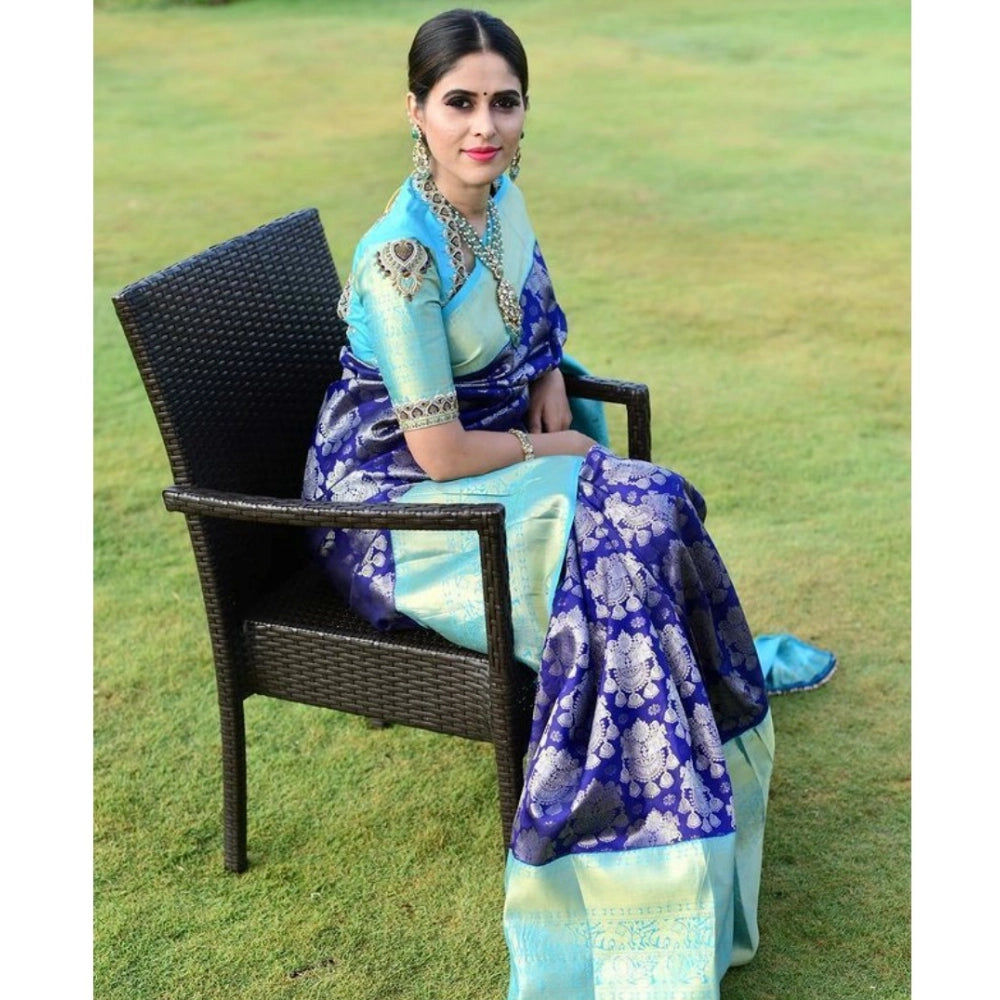 Generic Women's Soft Litchi Silk Jacquard Work Saree With Unstitched Blouse 5.5Mtr (Blue)