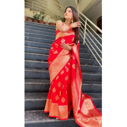 Generic Women's Soft Litchi Silk Jacquard Work Saree With Unstitched Blouse 5.5Mtr (Red)