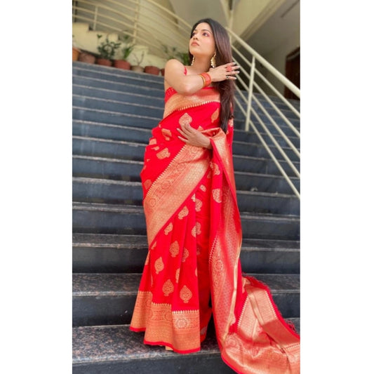 Generic Women's Soft Litchi Silk Jacquard Work Saree With Unstitched Blouse 5.5Mtr (Red)