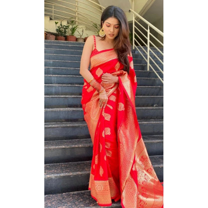 Generic Women's Soft Litchi Silk Jacquard Work Saree With Unstitched Blouse 5.5Mtr (Red)