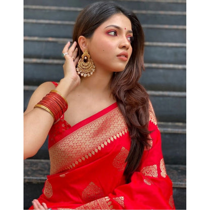 Generic Women's Soft Litchi Silk Jacquard Work Saree With Unstitched Blouse 5.5Mtr (Red)