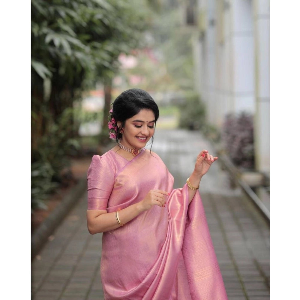 Generic Women's Soft Litchi Silk Jacquard Work Saree With Unstitched Blouse 5.5Mtr (Pink)