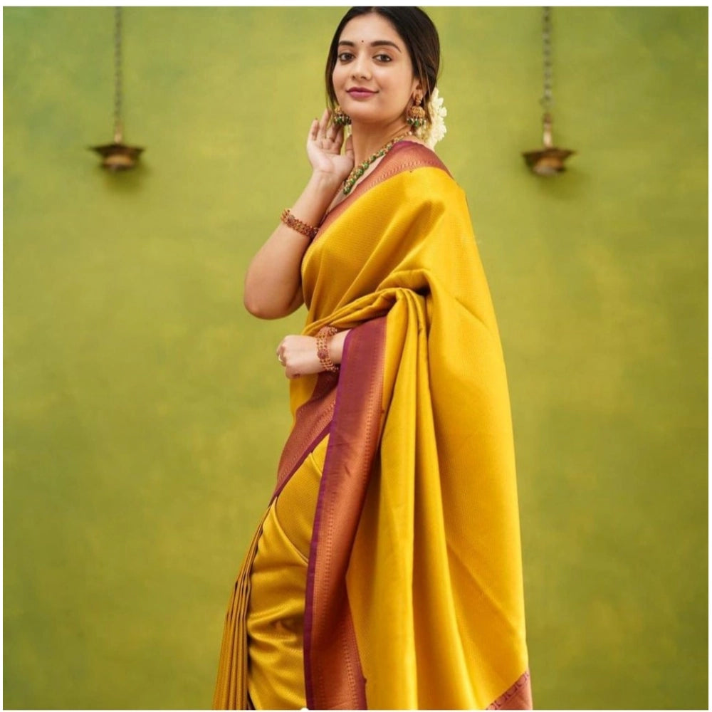 Generic Women's Soft Litchi Silk Jacquard Work Saree With Unstitched Blouse 5.5Mtr (Yellow)
