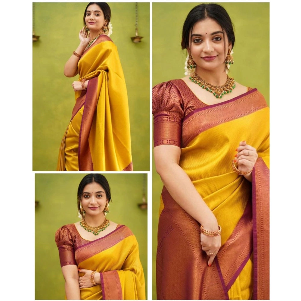 Generic Women's Soft Litchi Silk Jacquard Work Saree With Unstitched Blouse 5.5Mtr (Yellow)
