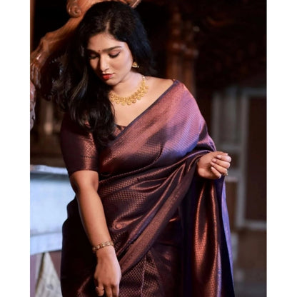 Generic Women's Soft Litchi Silk Jacquard Work Saree With Unstitched Blouse 5.5Mtr (Purple)