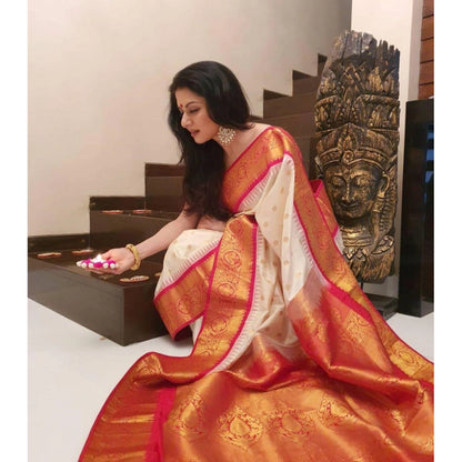 Generic Women's Soft Litchi Silk Jacquard Work Saree With Unstitched Blouse 5.5Mtr (White)