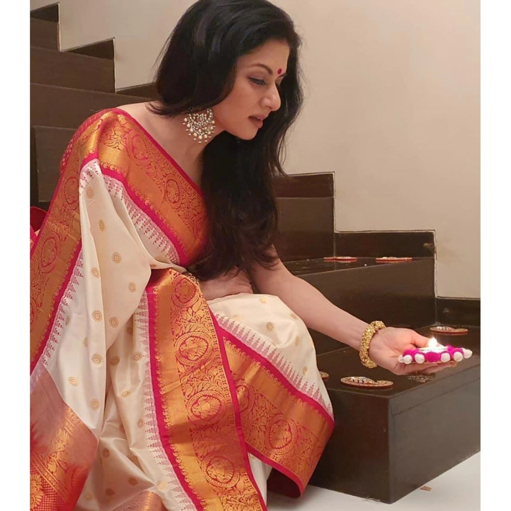 Generic Women's Soft Litchi Silk Jacquard Work Saree With Unstitched Blouse 5.5Mtr (White)