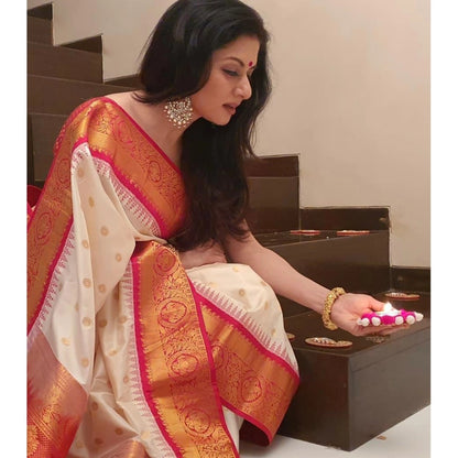 Generic Women's Soft Litchi Silk Jacquard Work Saree With Unstitched Blouse 5.5Mtr (White)