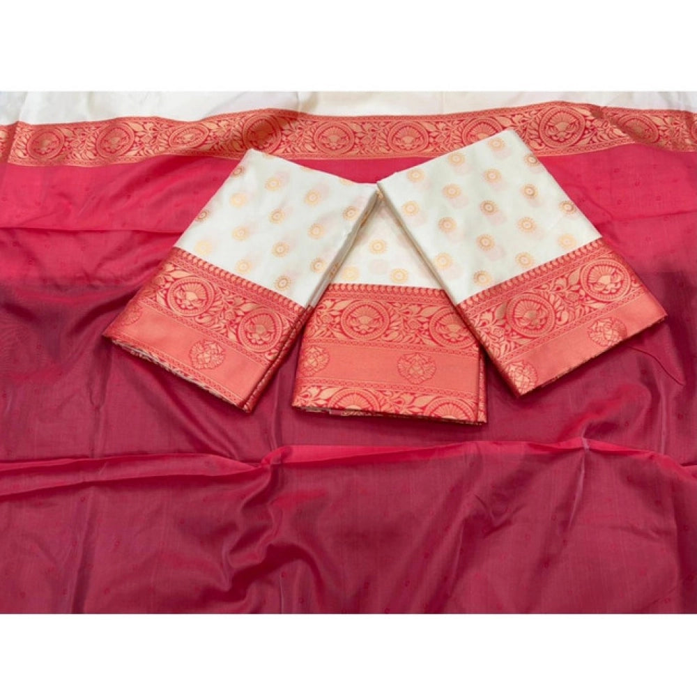 Generic Women's Soft Litchi Silk Jacquard Work Saree With Unstitched Blouse 5.5Mtr (White)