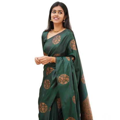 Generic Women's Soft Litchi Silk Jacquard Work Saree With Unstitched Blouse 5.5Mtr (Green)