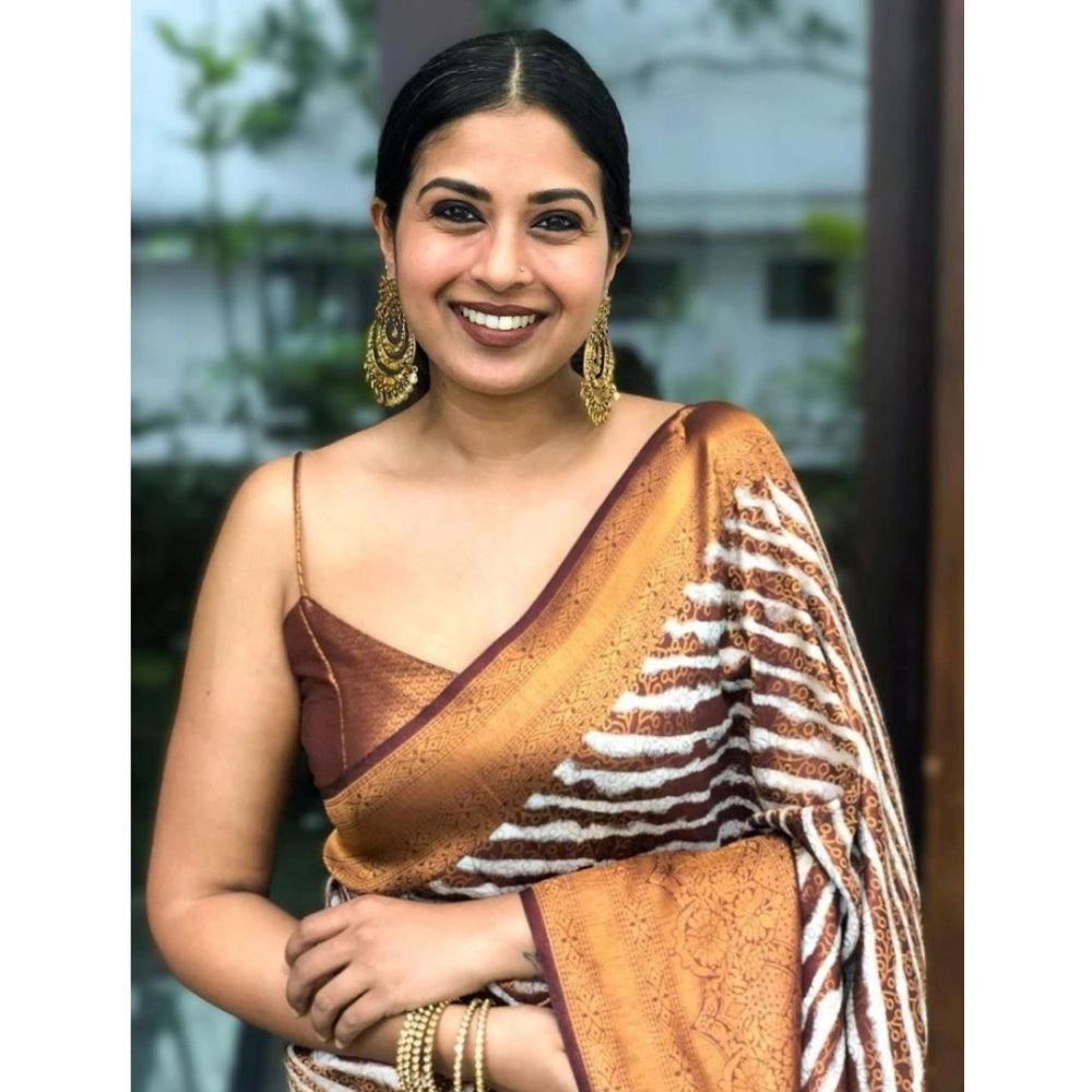 Generic Women's Soft Litchi Silk Jacquard Work Saree With Unstitched Blouse 5.5Mtr (Brown)