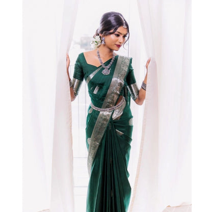 Generic Women's Soft Litchi Silk Jacquard Work Saree With Unstitched Blouse 5.5Mtr (Green)