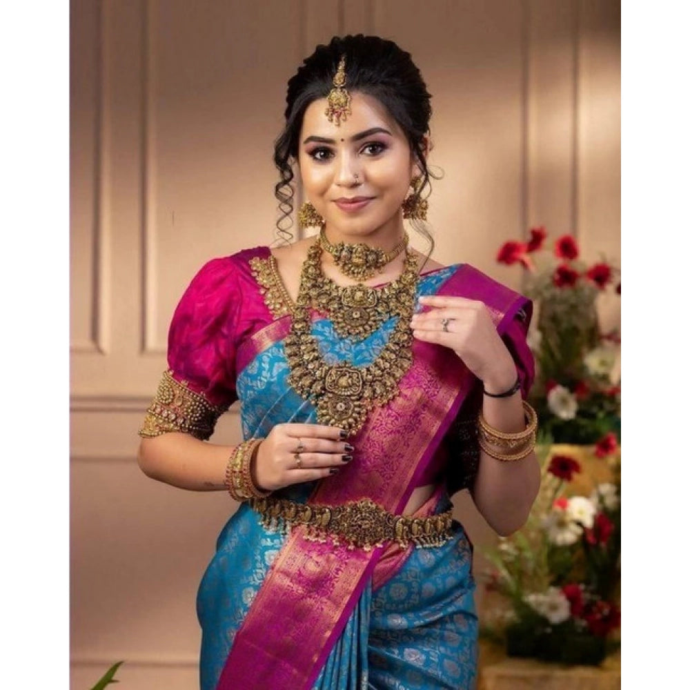 Generic Women's Soft Litchi Silk Jacquard Work Saree With Unstitched Blouse 5.5Mtr (Dark Blue)