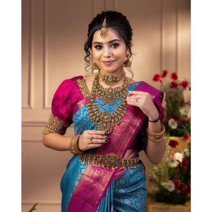 Generic Women's Soft Litchi Silk Jacquard Work Saree With Unstitched Blouse 5.5Mtr (Dark Blue)