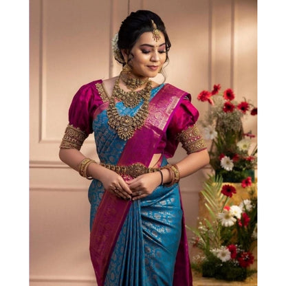 Generic Women's Soft Litchi Silk Jacquard Work Saree With Unstitched Blouse 5.5Mtr (Dark Blue)