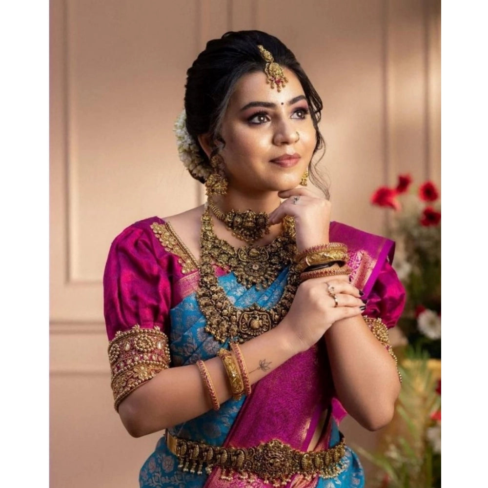 Generic Women's Soft Litchi Silk Jacquard Work Saree With Unstitched Blouse 5.5Mtr (Dark Blue)