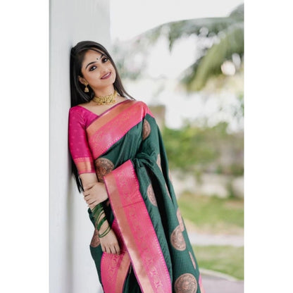Generic Women's Soft Litchi Silk Jacquard Work Saree With Unstitched Blouse 5.5Mtr (Green)
