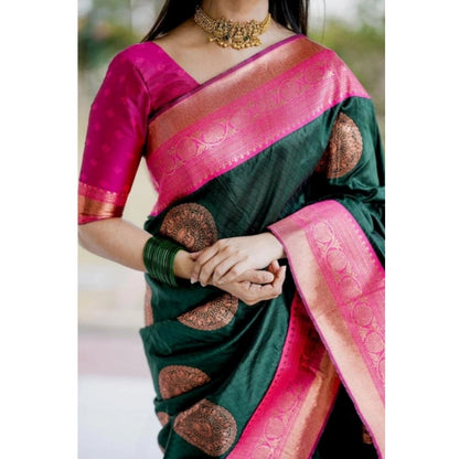 Generic Women's Soft Litchi Silk Jacquard Work Saree With Unstitched Blouse 5.5Mtr (Green)