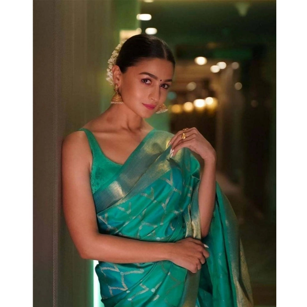 Generic Women's Soft Litchi Silk Jacquard Work Saree With Unstitched Blouse 5.5Mtr (Sky Blue)