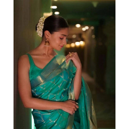 Generic Women's Soft Litchi Silk Jacquard Work Saree With Unstitched Blouse 5.5Mtr (Sky Blue)