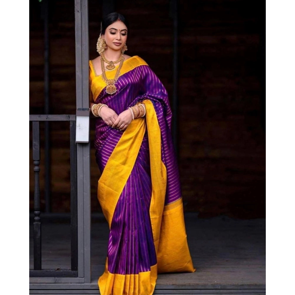 Generic Women's Soft Litchi Silk Jacquard Work Saree With Unstitched Blouse 5.5Mtr (Purple)