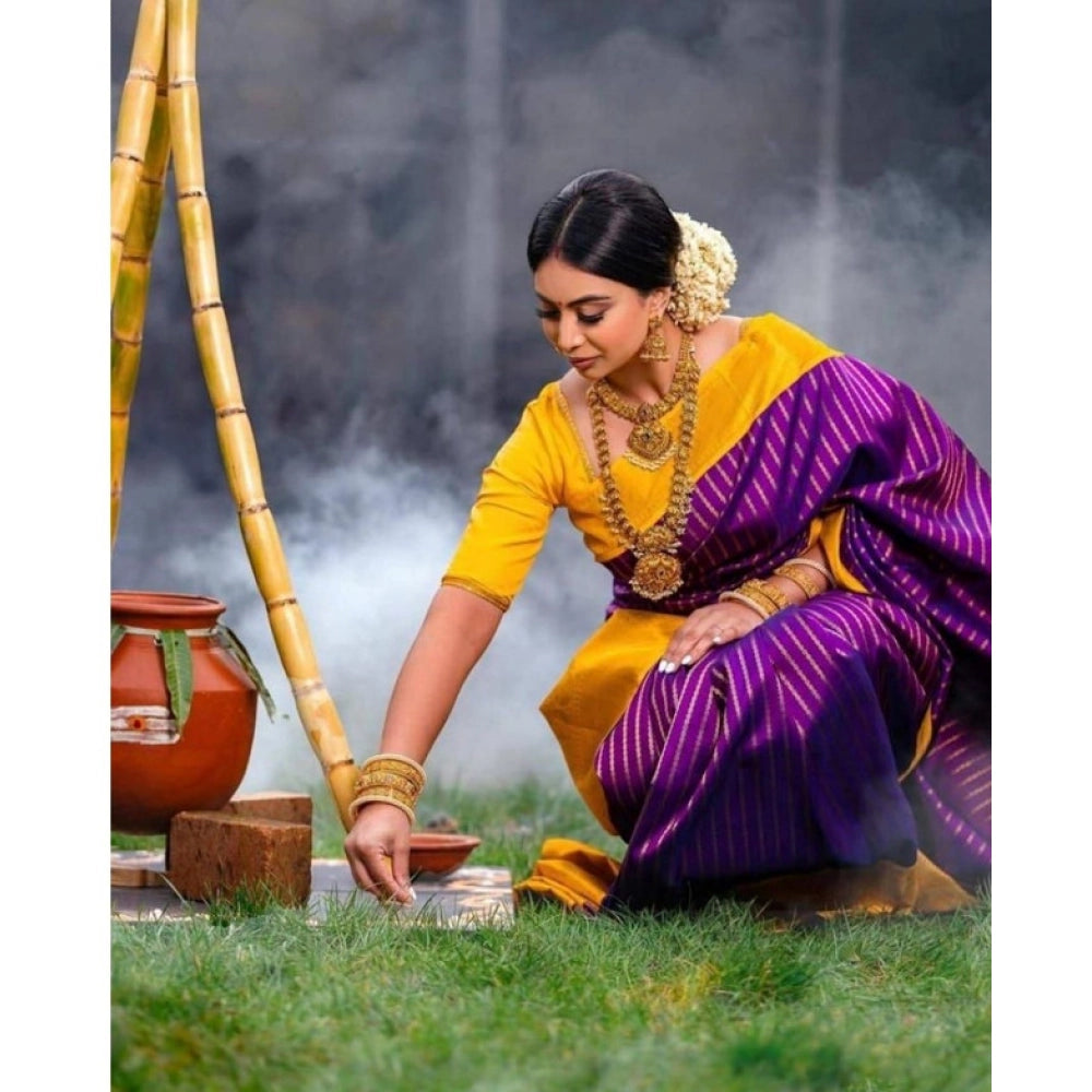 Generic Women's Soft Litchi Silk Jacquard Work Saree With Unstitched Blouse 5.5Mtr (Purple)