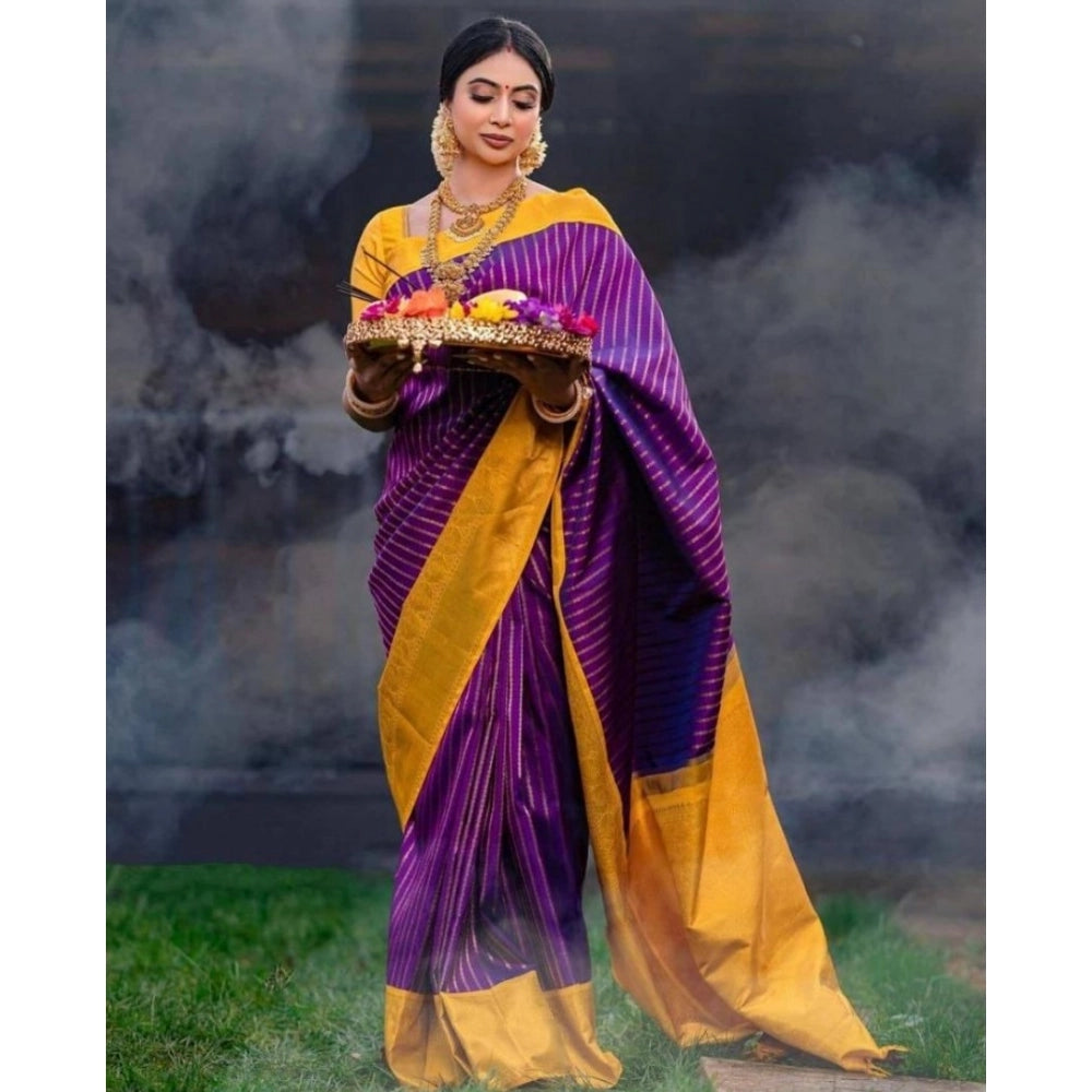 Generic Women's Soft Litchi Silk Jacquard Work Saree With Unstitched Blouse 5.5Mtr (Purple)