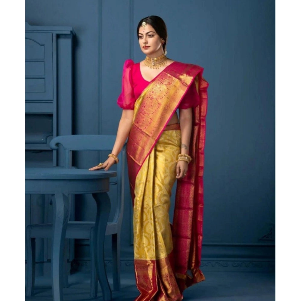 Generic Women's Soft Litchi Silk Jacquard Work Saree With Unstitched Blouse 5.5Mtr (Mustard Yellow)