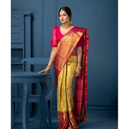 Generic Women's Soft Litchi Silk Jacquard Work Saree With Unstitched Blouse 5.5Mtr (Mustard Yellow)