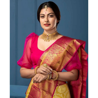 Generic Women's Soft Litchi Silk Jacquard Work Saree With Unstitched Blouse 5.5Mtr (Mustard Yellow)