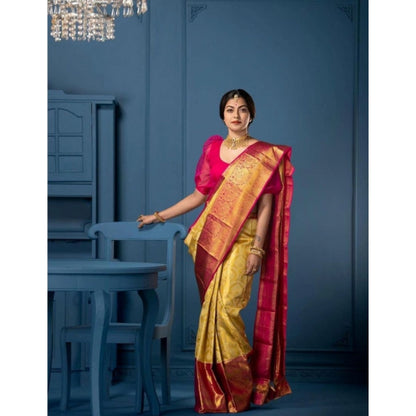 Generic Women's Soft Litchi Silk Jacquard Work Saree With Unstitched Blouse 5.5Mtr (Mustard Yellow)