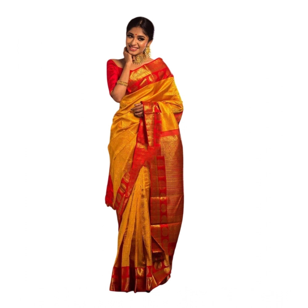 Generic Women's Soft Litchi Silk Jacquard Work Saree With Unstitched Blouse 5.5Mtr (Mustard Yellow)