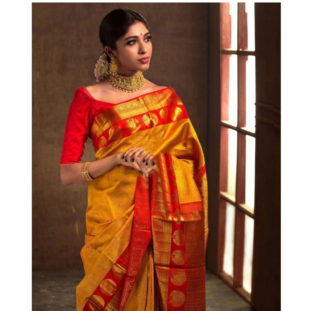 Generic Women's Soft Litchi Silk Jacquard Work Saree With Unstitched Blouse 5.5Mtr (Mustard Yellow)
