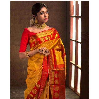 Generic Women's Soft Litchi Silk Jacquard Work Saree With Unstitched Blouse 5.5Mtr (Mustard Yellow)