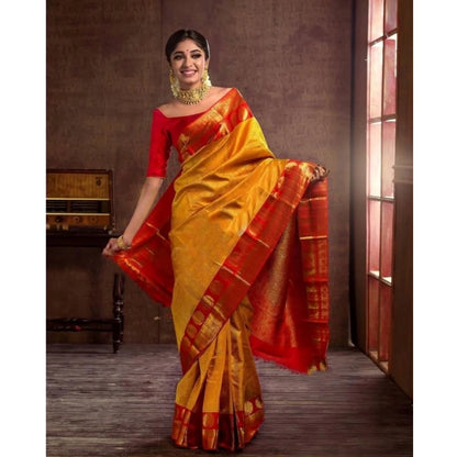 Generic Women's Soft Litchi Silk Jacquard Work Saree With Unstitched Blouse 5.5Mtr (Mustard Yellow)