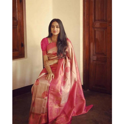 Generic Women's Soft Litchi Silk Jacquard Work Saree With Unstitched Blouse 5.5Mtr (Pink)